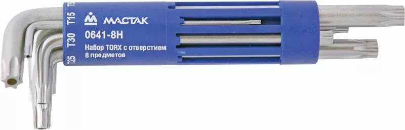 Набор Г-образных Torx, Т10H-Т50H, длинные, с отверствием, 8 предметов МАСТАК 0641-8HB