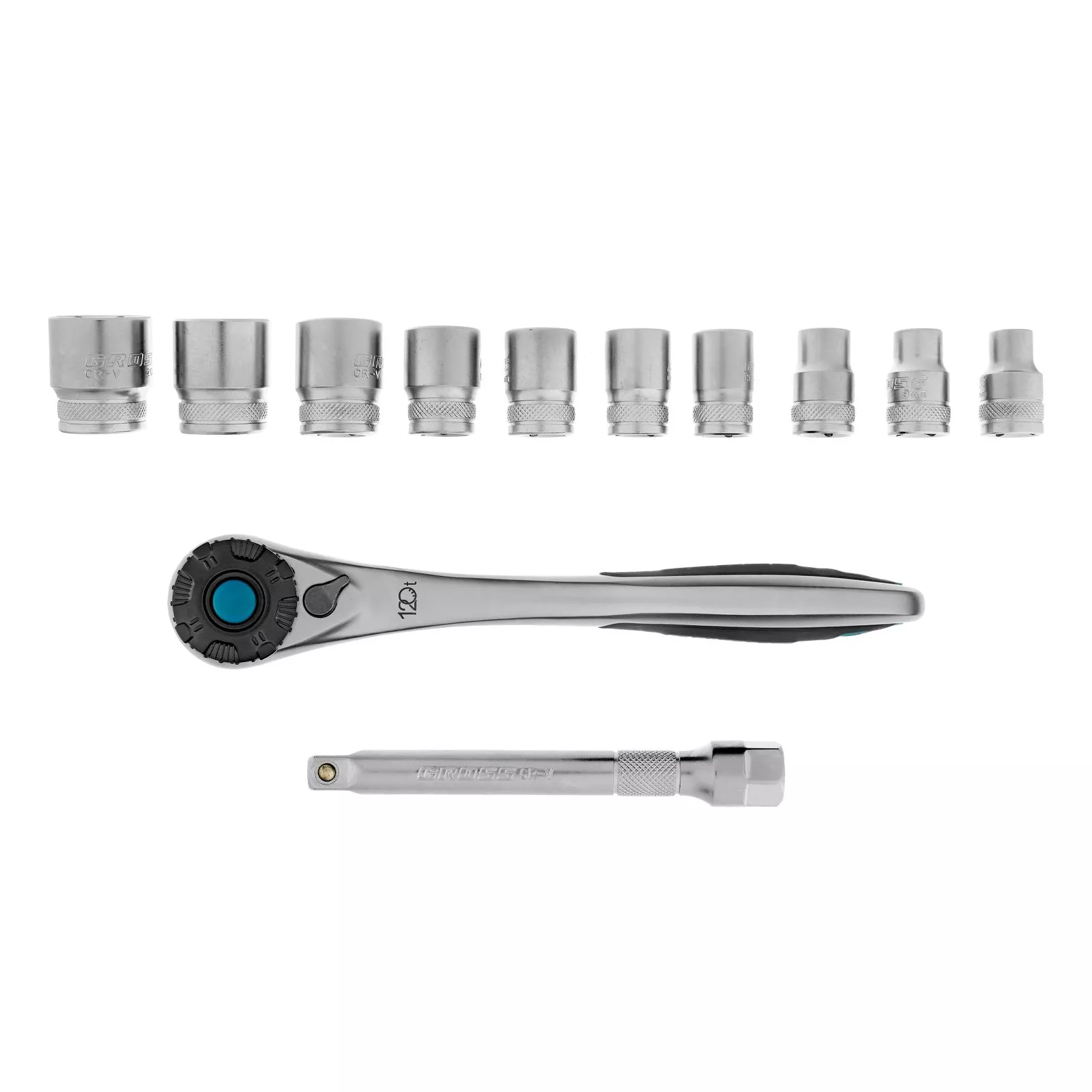 Набор торцевых головок, трещотка 120 зубьев, 3/8", CrV, 12 предметов Gross