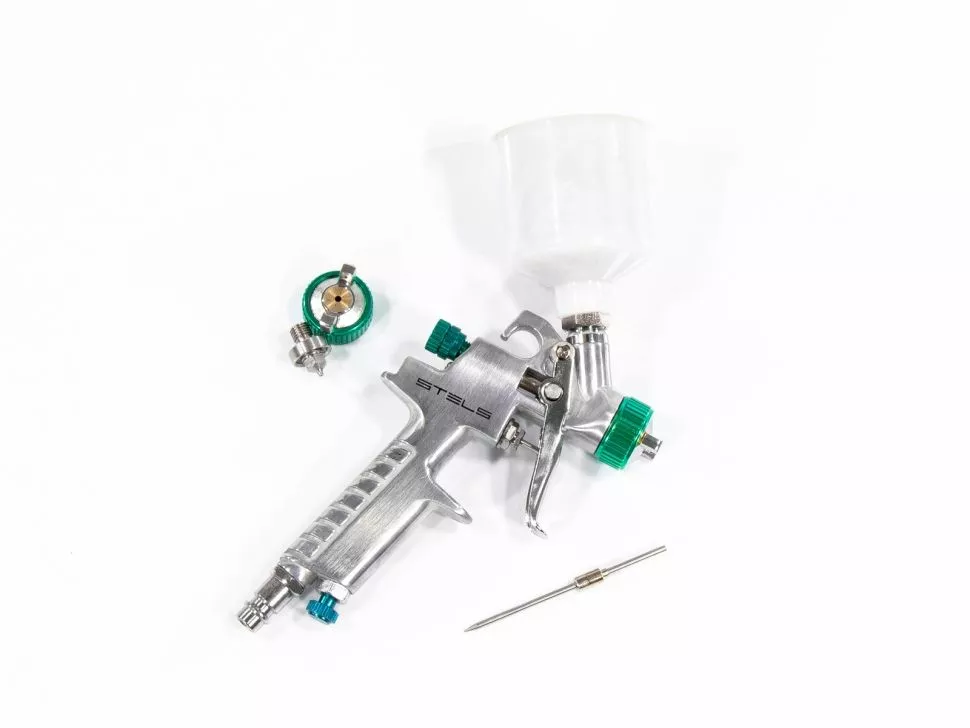 Краскораспылитель AG 810 HVLP, гравитационный, сопло 0.8 мм и 1 мм Stels