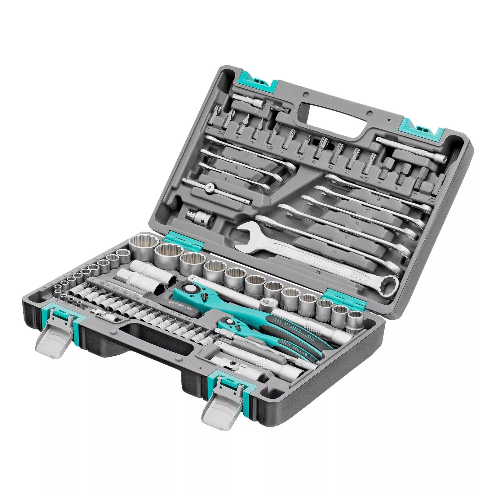 Набор инструментов 1/2", 1/4", CrV, 12 гранные головки, пластиковый кейс, 82 предмета Stels