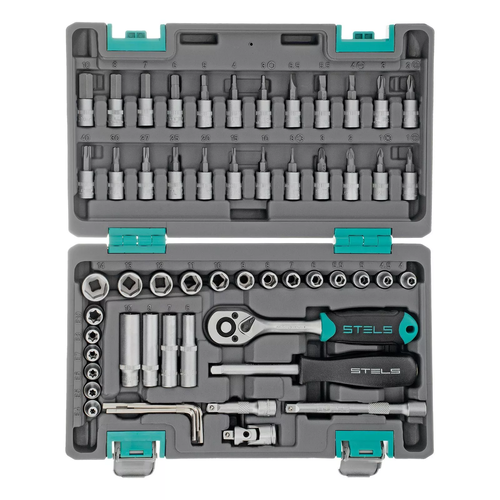 Набор инструментов, 1/4", CrV, пластиковый кейс 57 предметов Stels