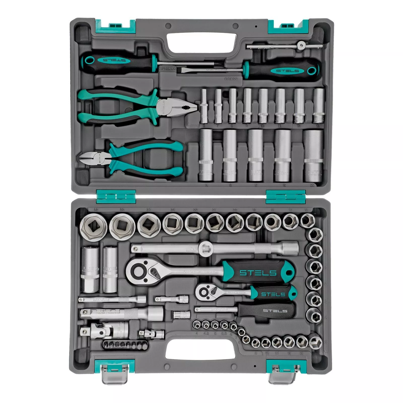Набор инструментов, 1/2", 1/4", CrV, пластиковый кейс 69 предметов Stels