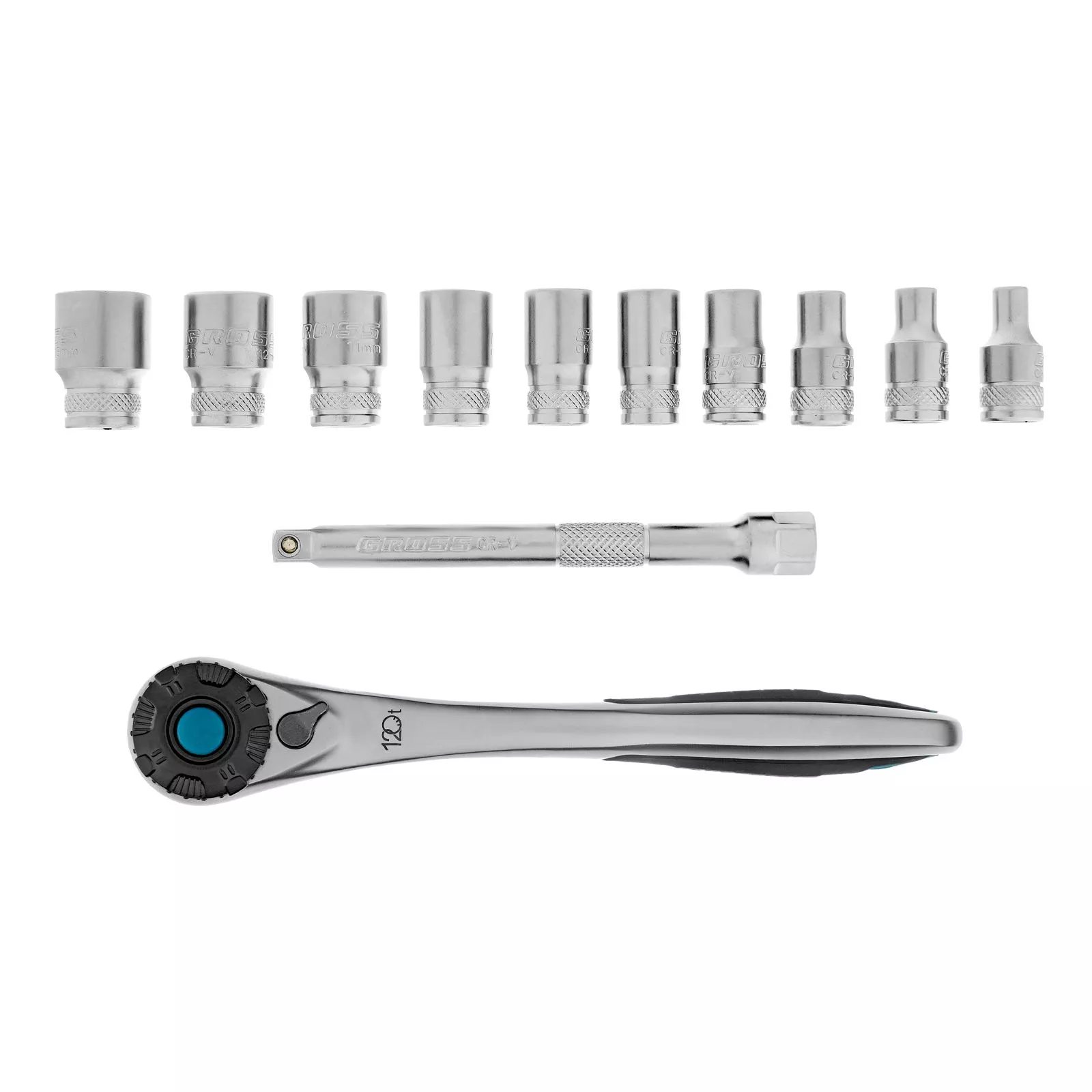Набор торцевых головок, трещотка 120 зубьев, 1/4", CrV, 12 предметов Gross