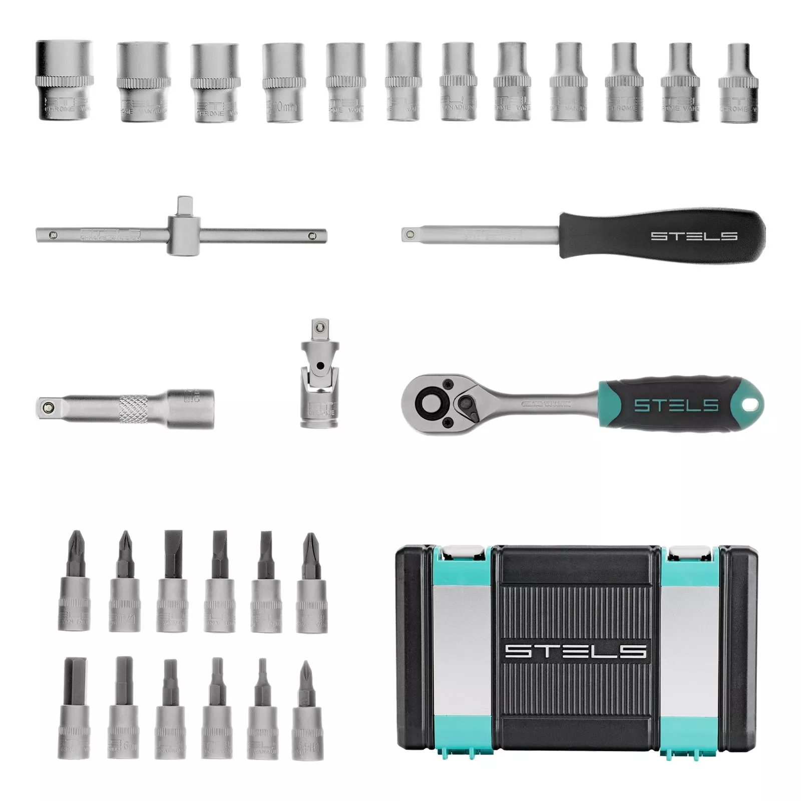 Набор инструментов, 1/4", CrV, пластиковый кейс 29 предметов Stels