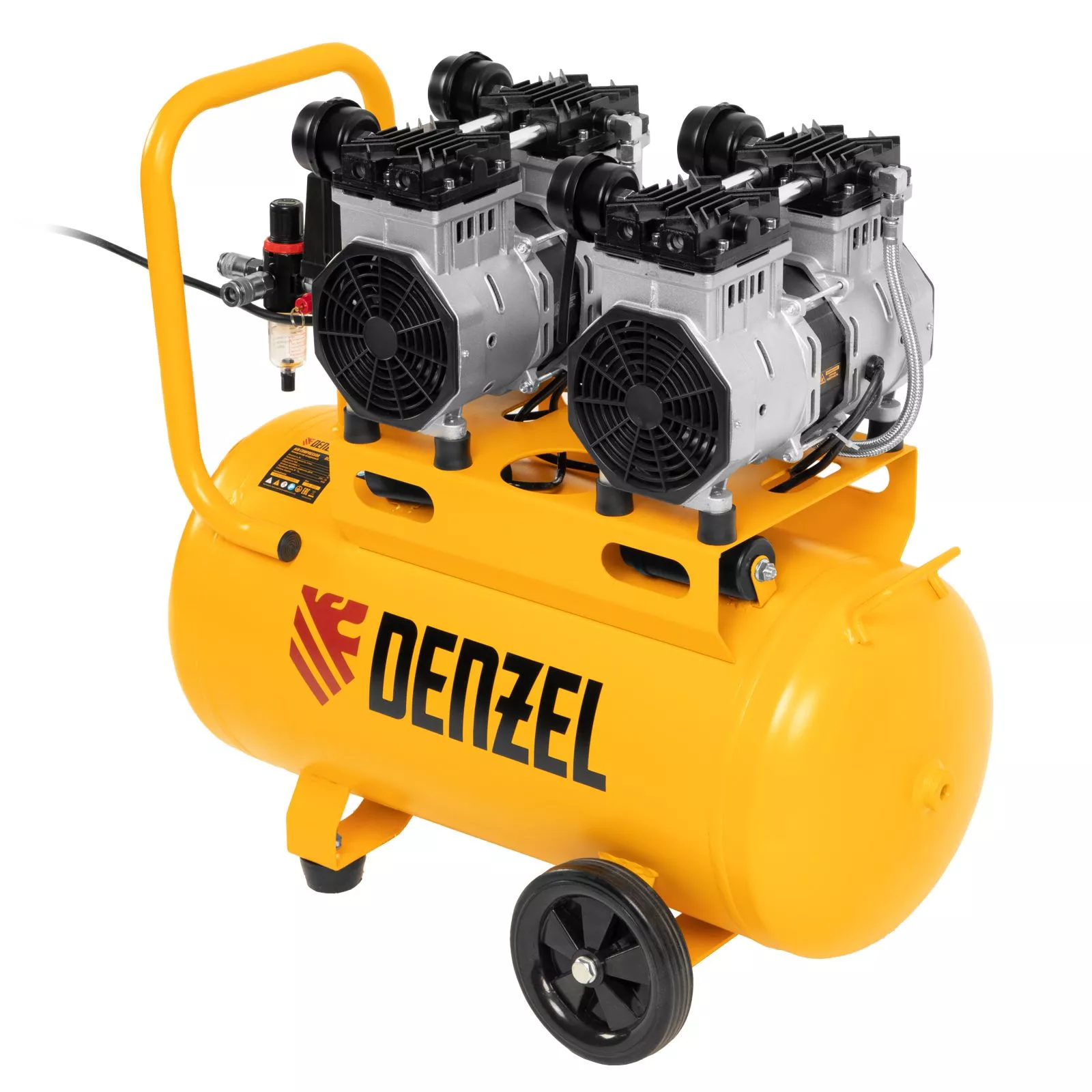 Компрессор безмасляный, малошумный DLS 2200/50, 2200 Вт, 2x1100, 50 л, 380 л/мин Denzel