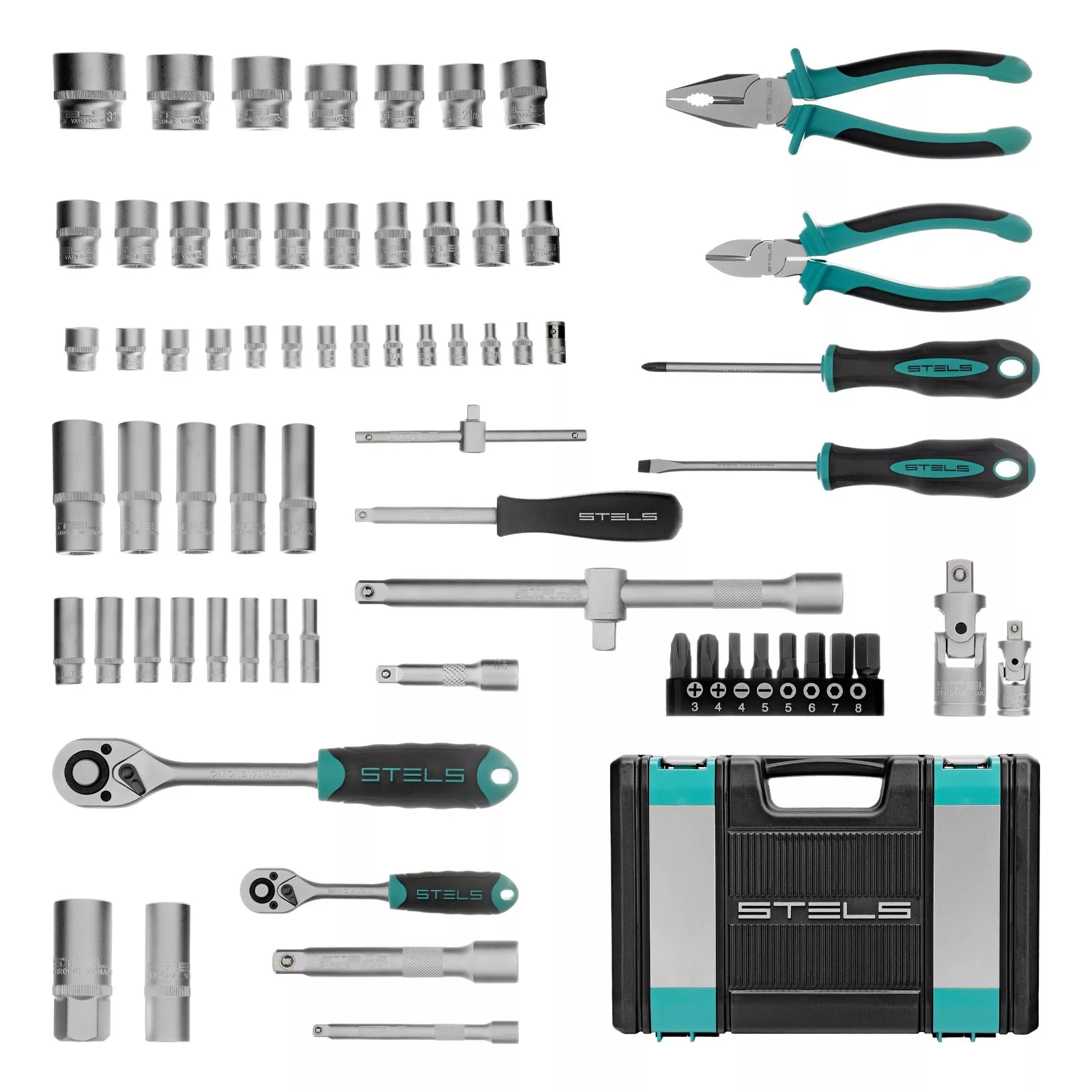 Набор инструментов, 1/2", 1/4", CrV, пластиковый кейс 69 предметов Stels