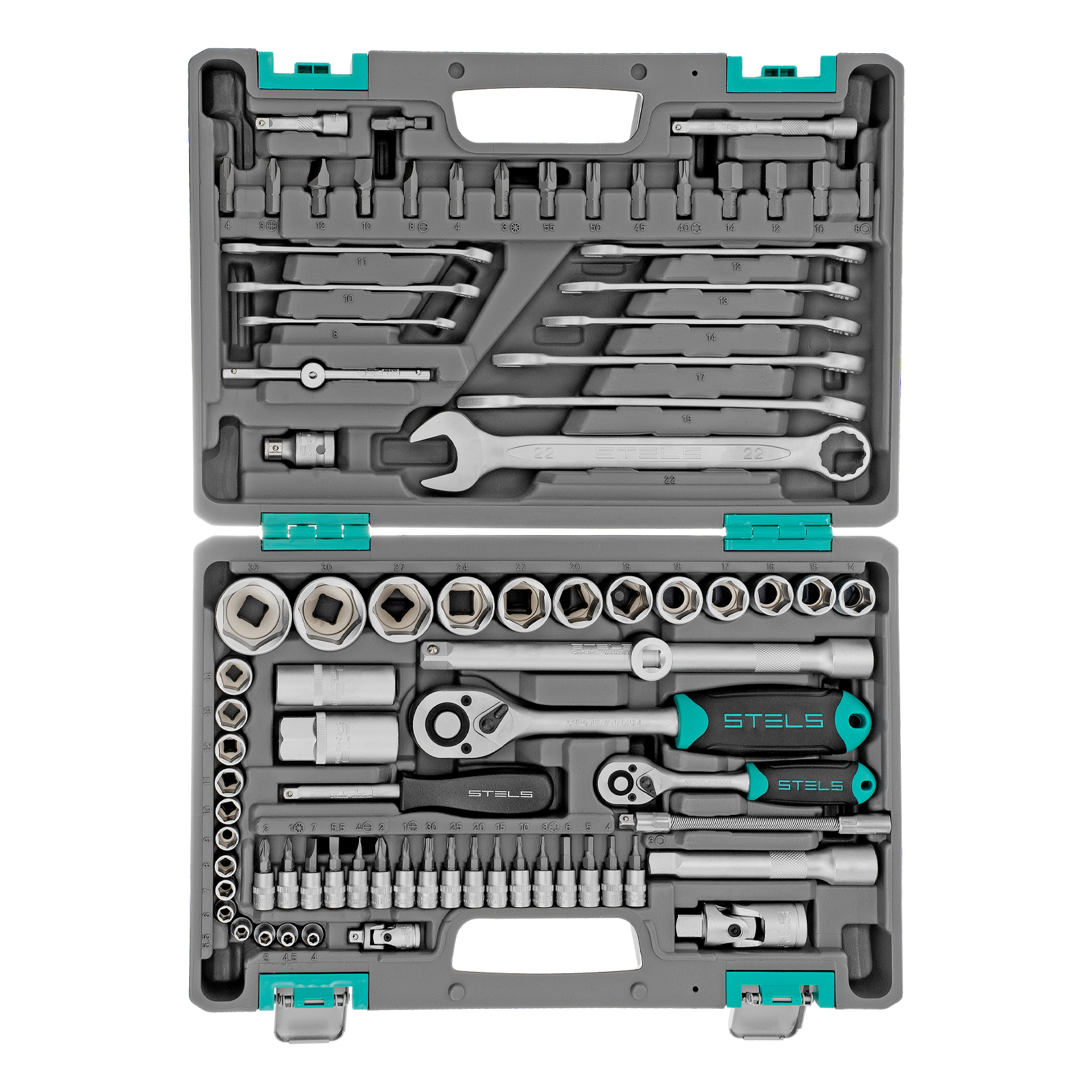Набор инструментов, 1/2", 1/4", CrV, пластиковый кейс 82 предмета Stels