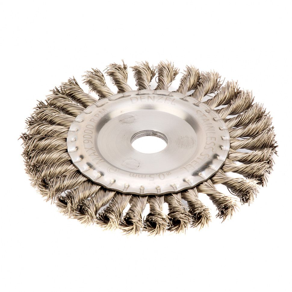 Щетка для УШМ, 150 мм, "Плоская", крученая нержавеющая проволока 0.5мм, посадка 22.2 мм Denzel