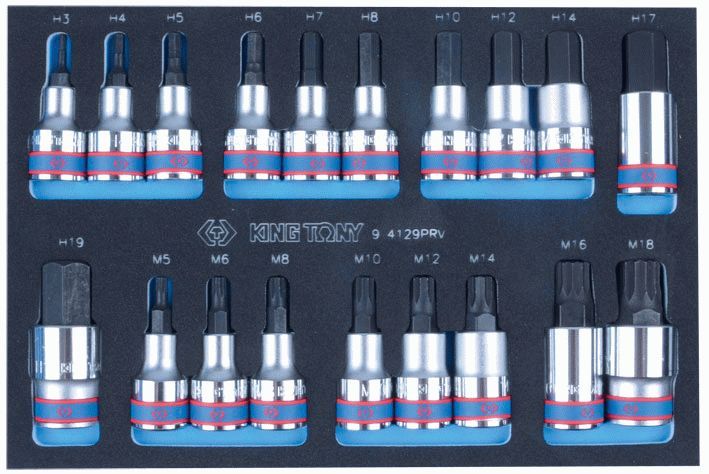 Набор торцевых насадок Hex и Spline, ложемент, 19 предметов KING TONY 9-4129PRV