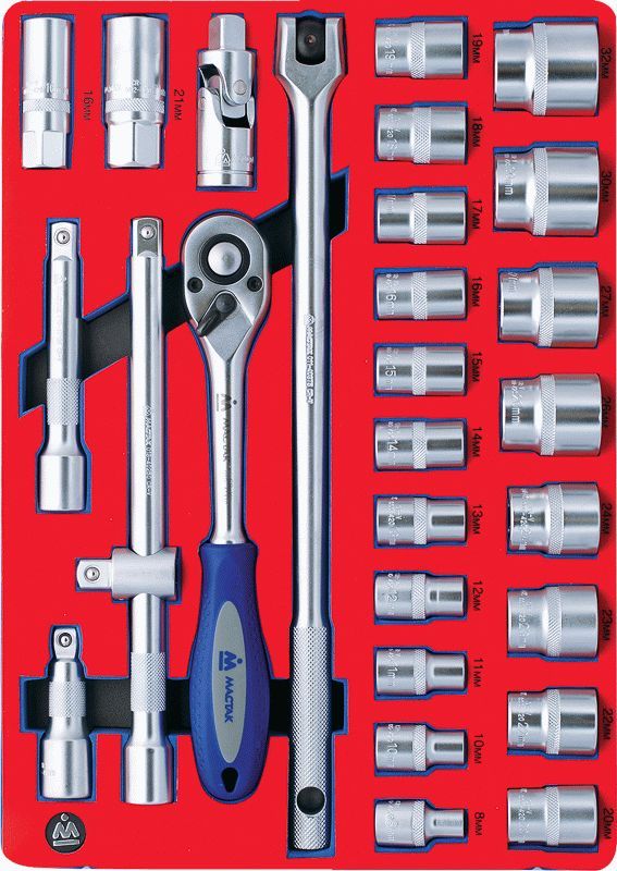 Набор торцевых головок 1/2" с принадлежностями, двенадцатигранные, ложемент, 28 предметов МАСТАК 5-004228