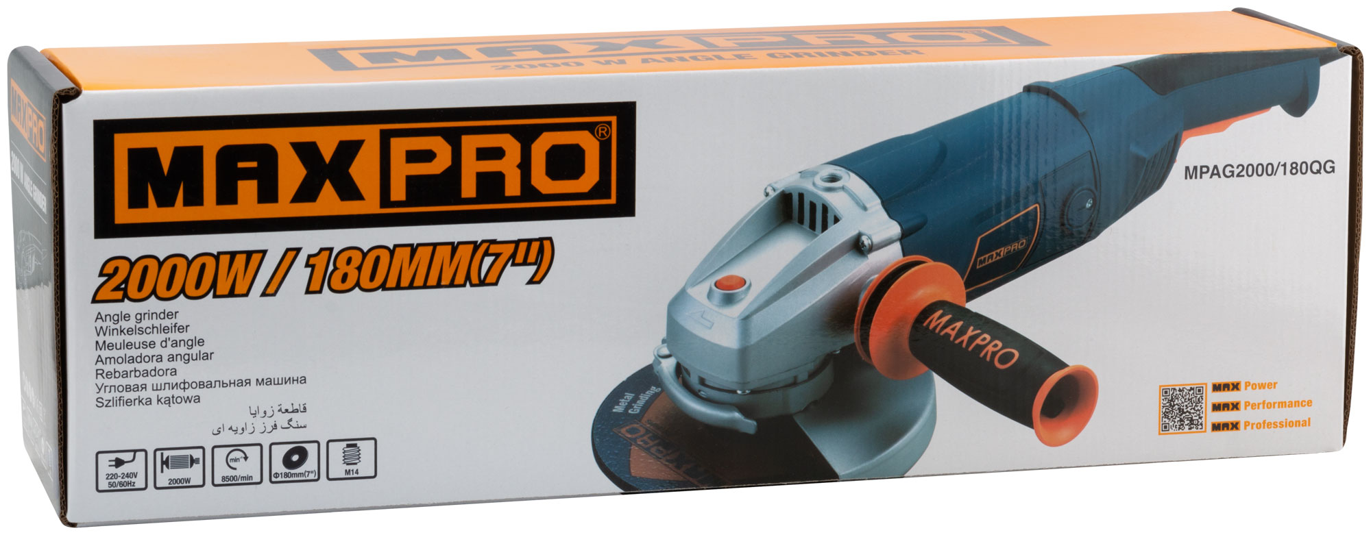 MAX-PRO Шлифмашина угловая 2000 Вт; 8500об/мин; быстрозажимной кожух 180мм; антивибрационная ручка; дополнительные щетки; плавный пуск; резиновый кабе
