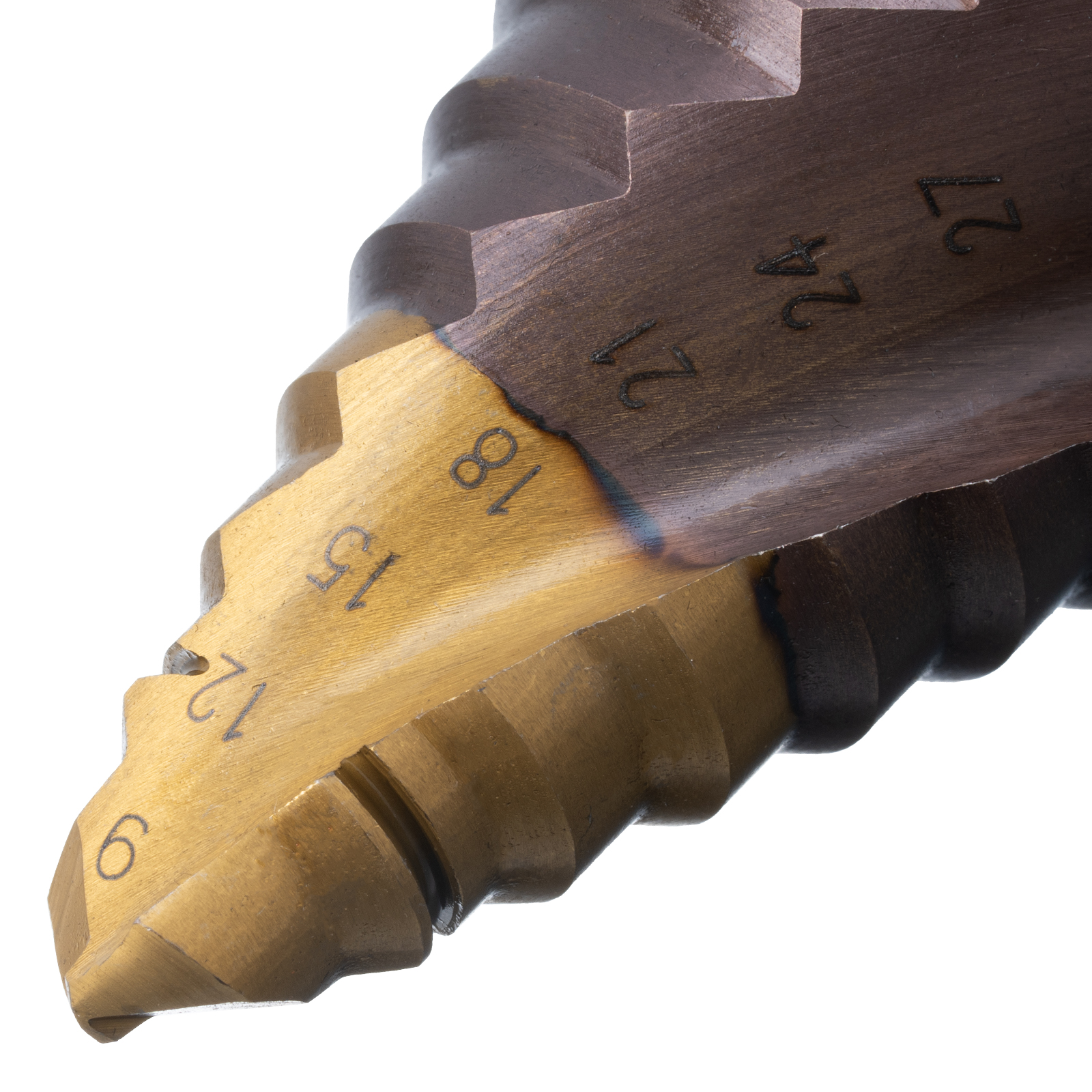 Сверло ступенчатое, 9-12-15-18-21-24-27-30-33-36 мм, Р6М5К5, 6-гр. хвостовик Denzel