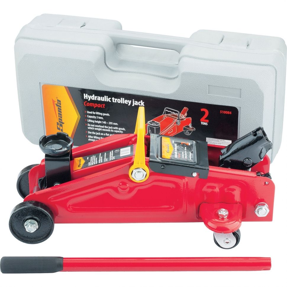 Домкрат гидравлический подкатной, 2 т, h подъема 140-285 мм, в пластиковом кейсе, compact Sparta