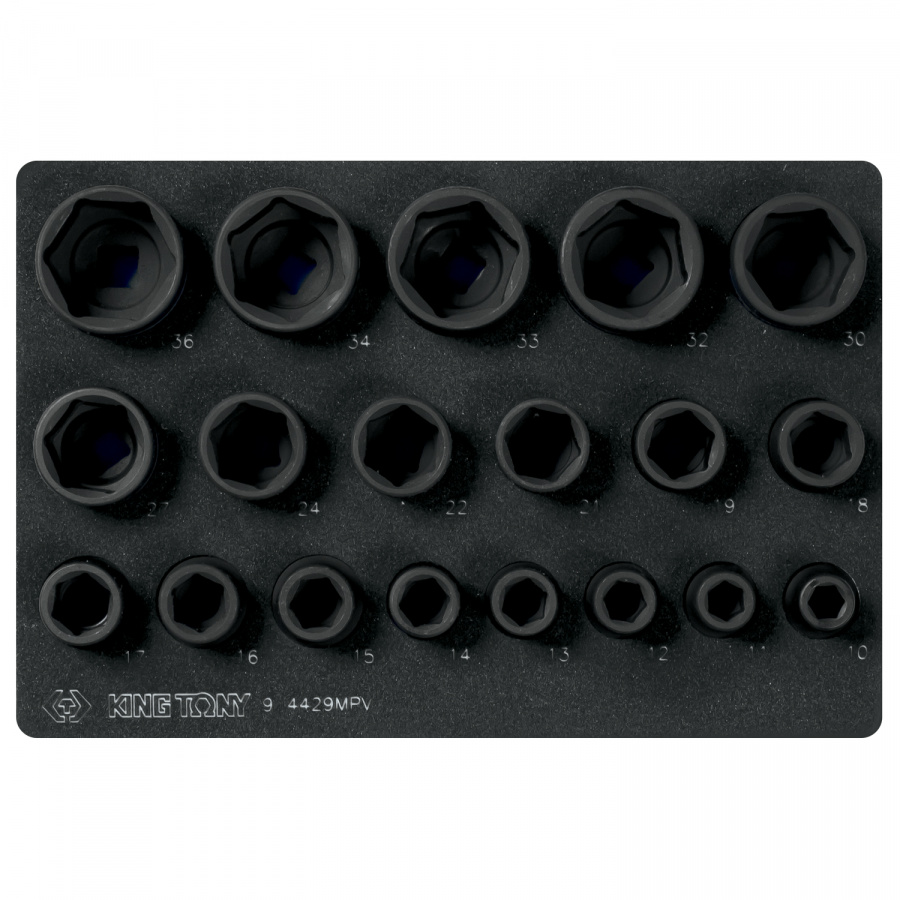 Набор ударных торцевых головок 1/2", шестигранные, 10-36 мм, ложемент, 19 предметов KING TONY 9-4429MPV