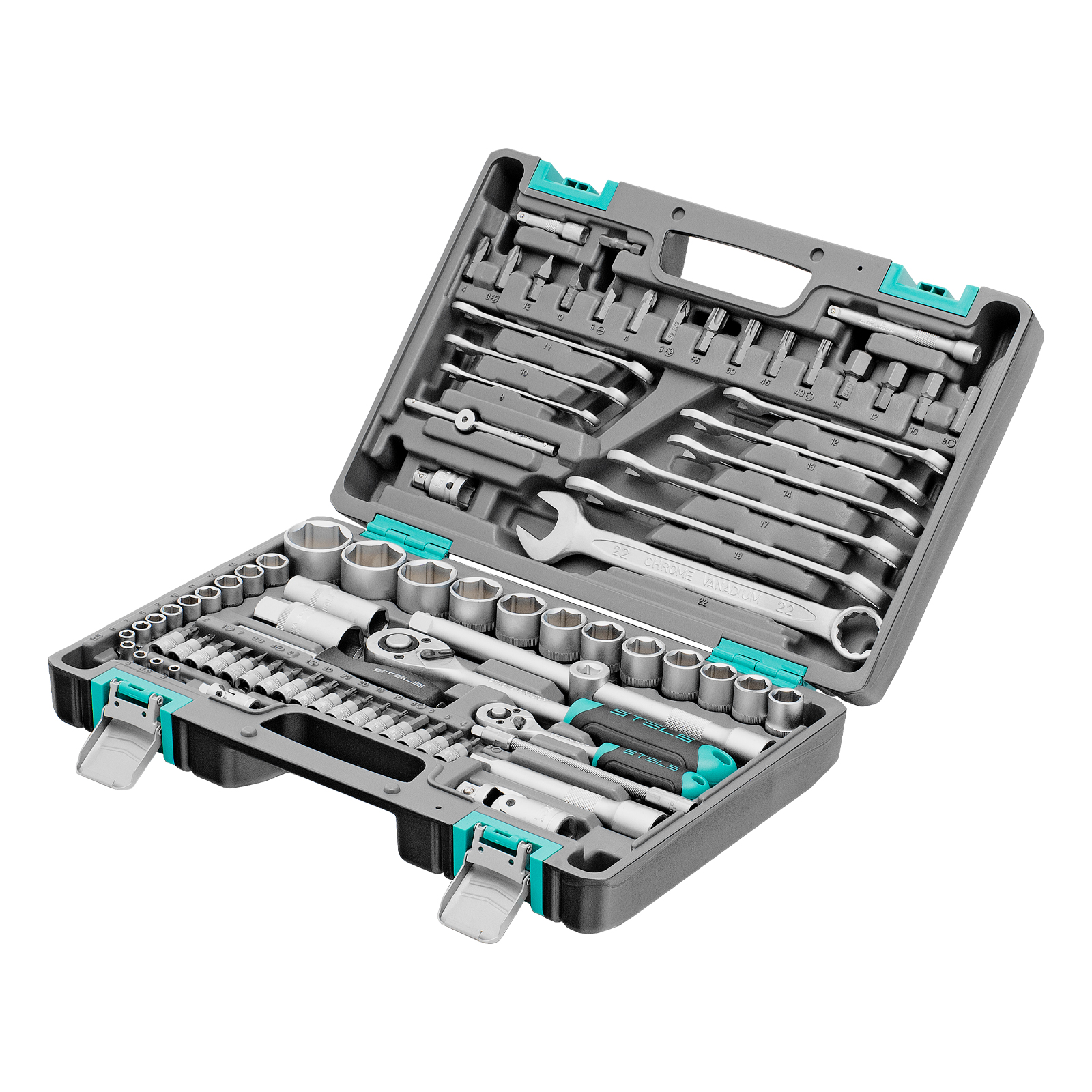 Набор инструментов, 1/2", 1/4", CrV, пластиковый кейс 82 предмета Stels