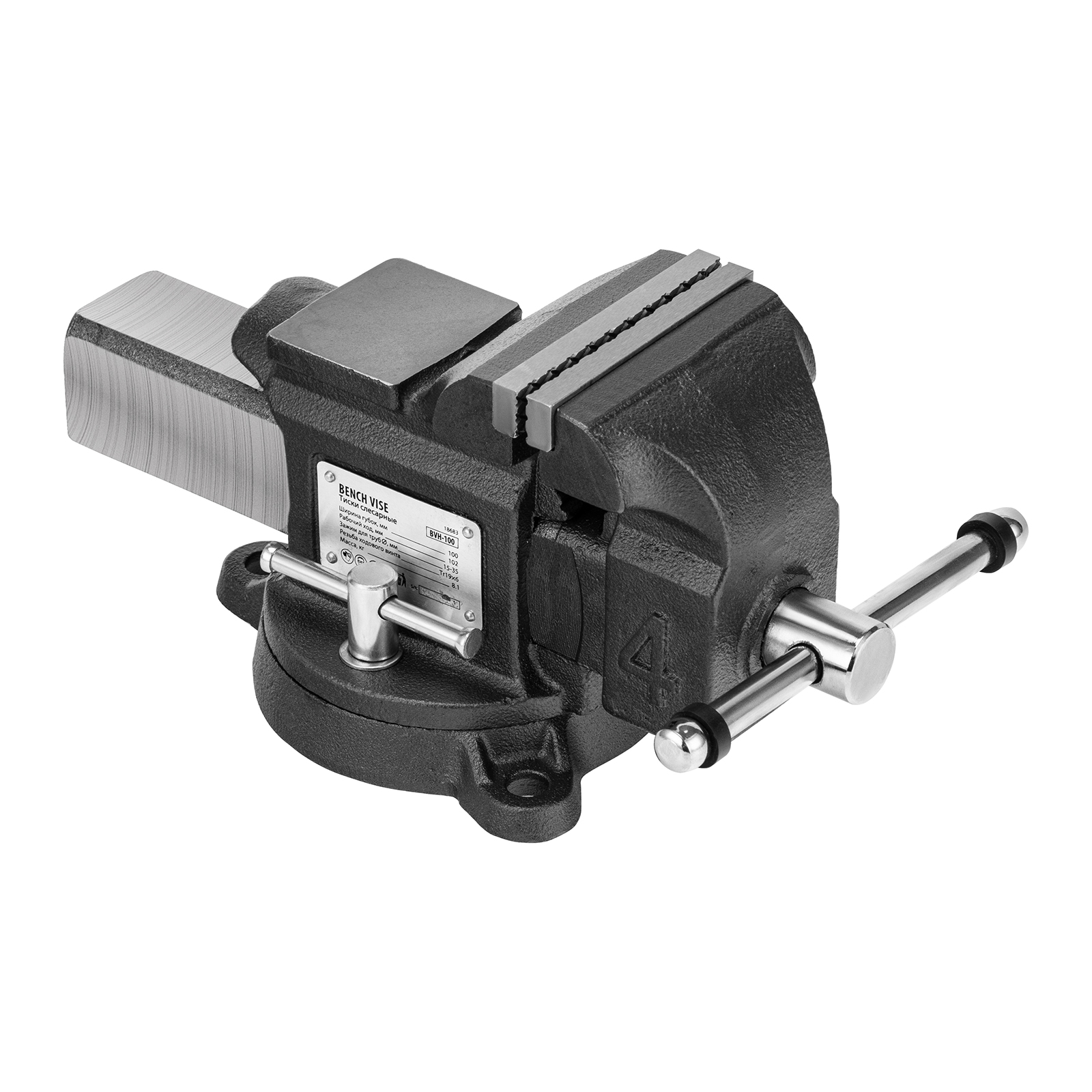 Тиски слесарные BVH-100, 100 мм, поворотные, стальная направляющая, с наковальней //Denzel