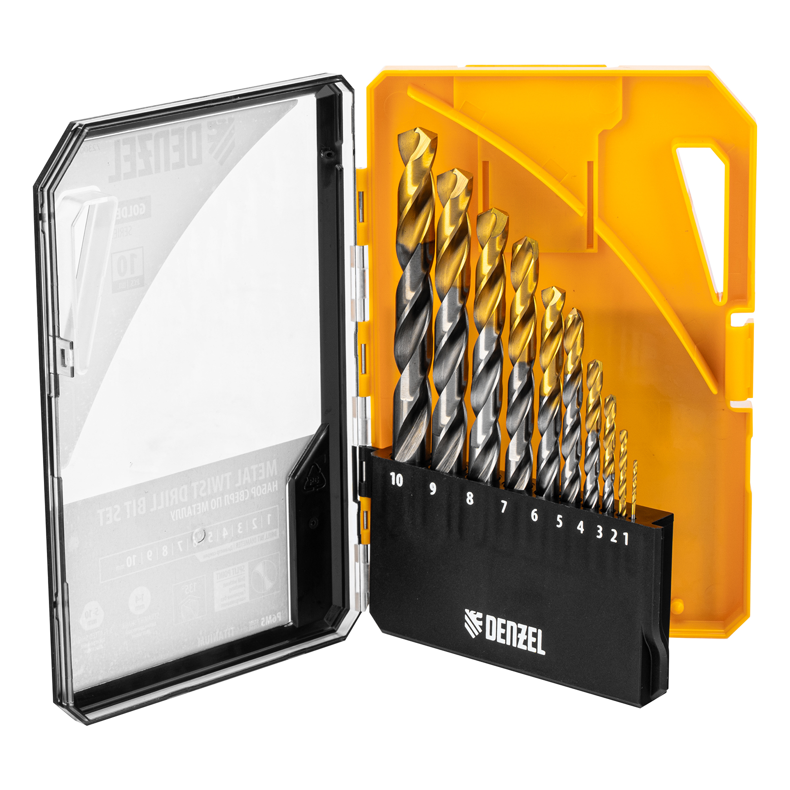 Набор сверл по металлу, 1-10 мм, Р6М5-TiN, Golden Tip, 10 шт Denzel