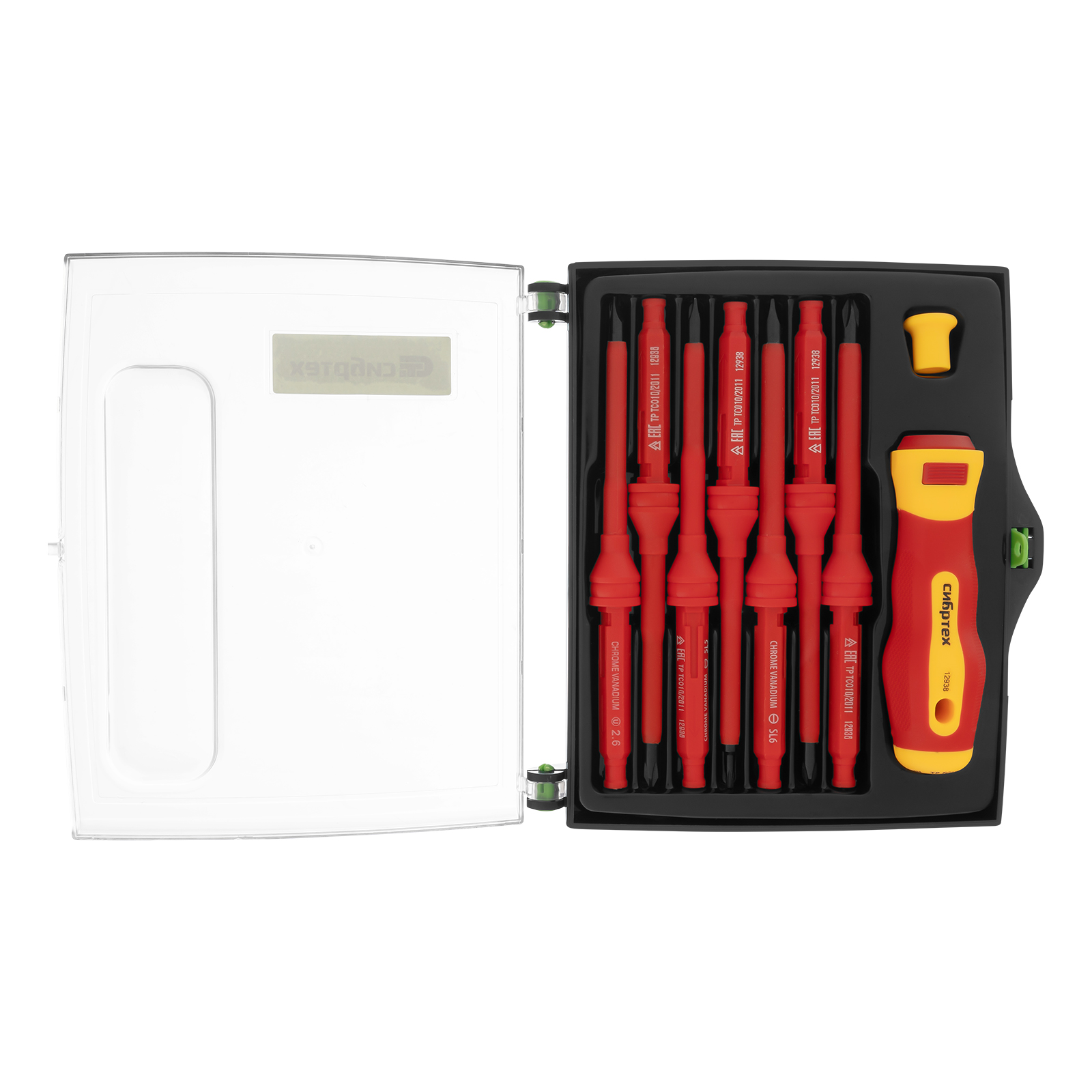 Отвертка со сменными жалами, диэлектрическая до 1000 В, 9 предметов, CrV Сибртех