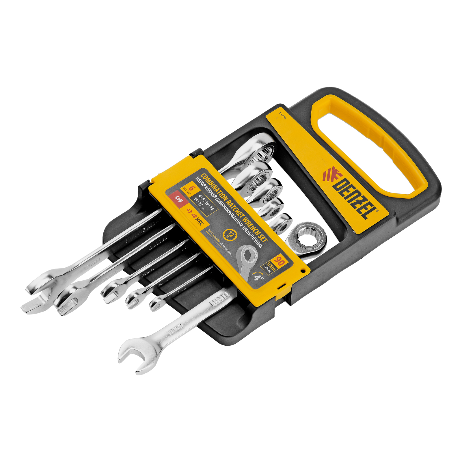 Набор ключей комбинированных трещоточных 6-17 мм, 6 шт., CrV, матовый хром Denzel