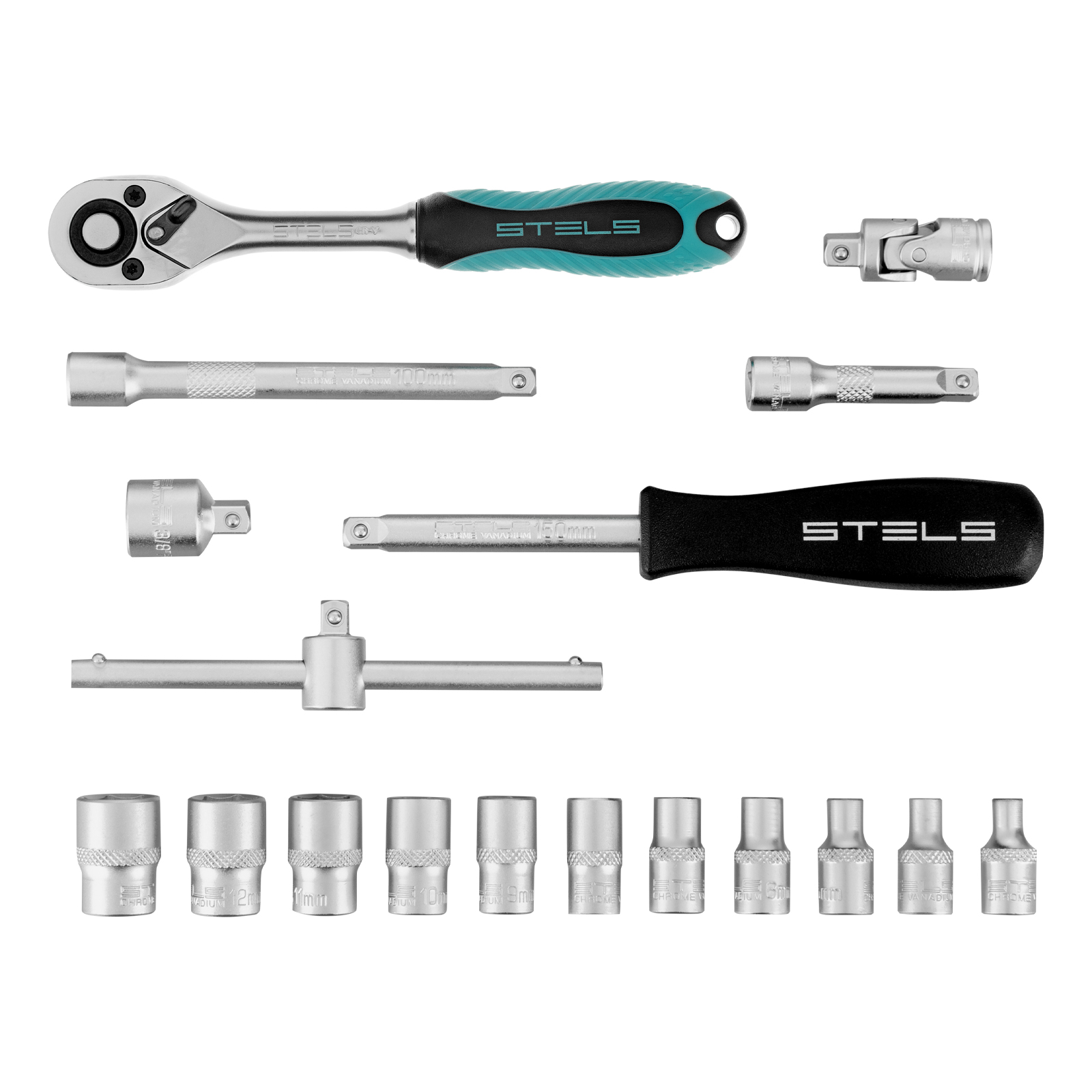 Набор торцевых головок с трещоткой, 1/4", 18 предметов Stels