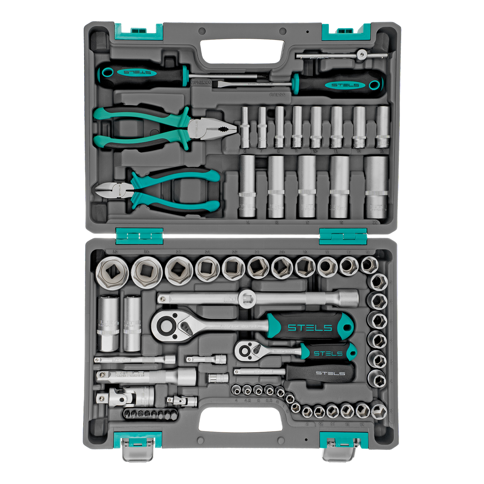 Набор инструментов, 1/2", 1/4", CrV, пластиковый кейс 69 предметов Stels