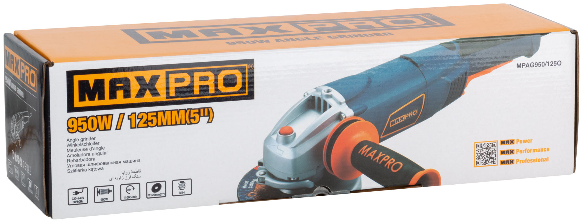 MAX-PRO Шлифмашина угловая 950 Вт; 11000об/мин; быстрозажимной кожух 125мм; длинная; антивибрационная ручка; 2,3 кг; кор.