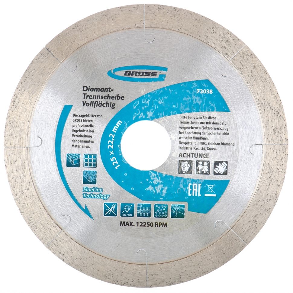 Диск алмазный, 150 х 22.2 мм, сплошной c лазерной перфорацией, мокрая резка Gross