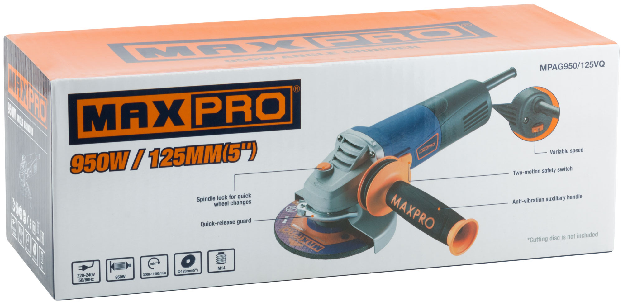 MAX-PRO Шлифмашина угловая 950 Вт; 3000-11000об/мин; быстрозажимной кожух 125мм; регулировка оборотов; антивибрационная ручка; дополнительные щетки; 2