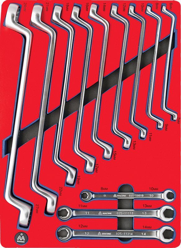 Набор накидных и разрезных ключей, зеркальная полировка, ложемент, 12 предметов МАСТАК 5-23112