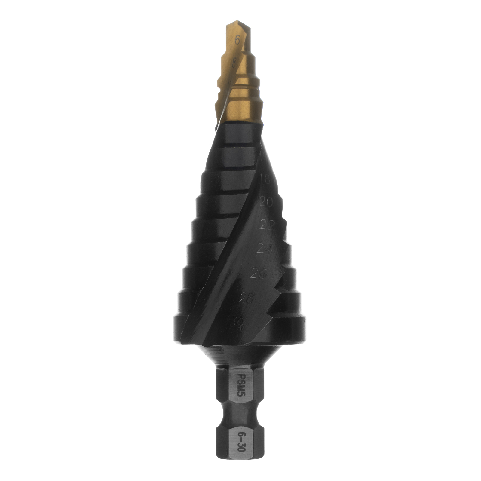 Сверло ступенчатое, 6-8-10-12-14-16-18-20-22-24-26-28-30мм, Р6М5, 6-гр. хвостовик Denzel