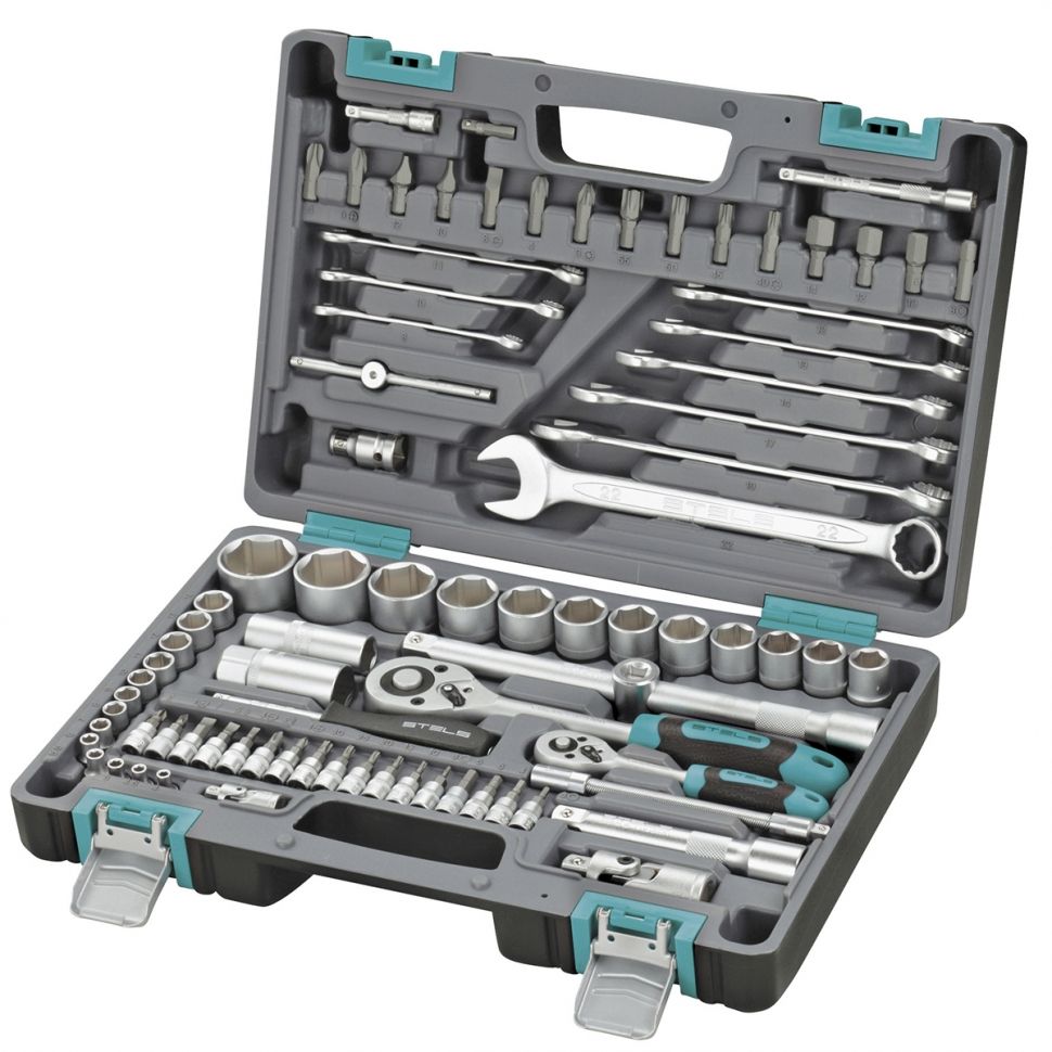 Набор инструментов, 1/2", 1/4", CrV, пластиковый кейс 82 предмета Stels