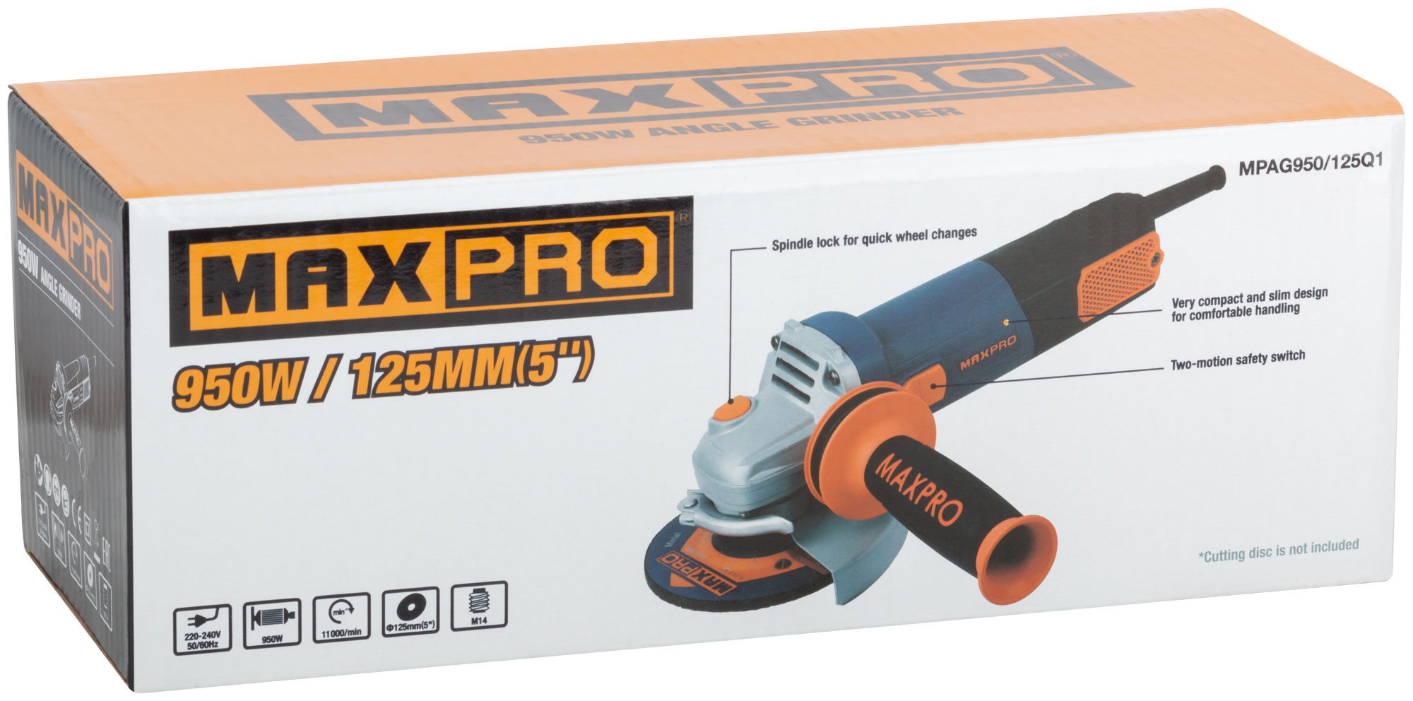 MAX-PRO Шлифмашина угловая 950 Вт; 11000об/мин; быстрозажимной кожух 125мм; антивибрационная ручка; дополнительные щетки; 2,1 кг; кор.