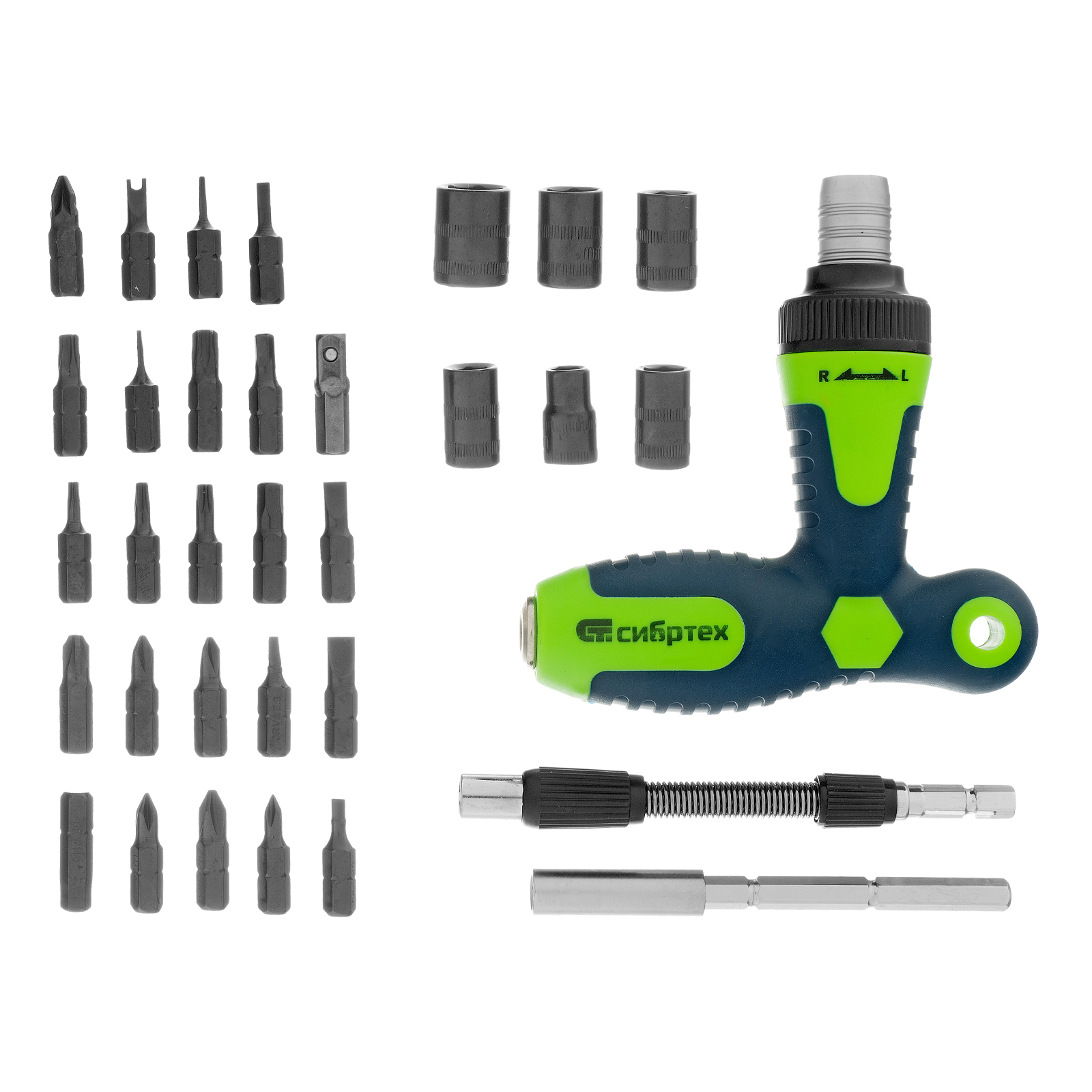Отвертка Т-образная реверсивная с набором бит, торцевых головок, 33 предмета, CrV Сибртех