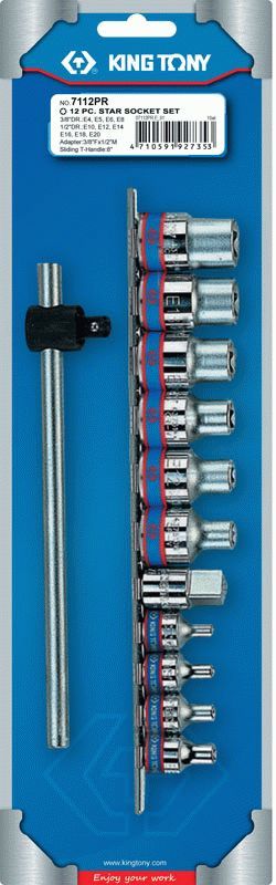 Набор торцевых головок 3/8", 1/2", TORX Е-стандарт, E4-E20, вороток, 12 предметов KING TONY 7112PR