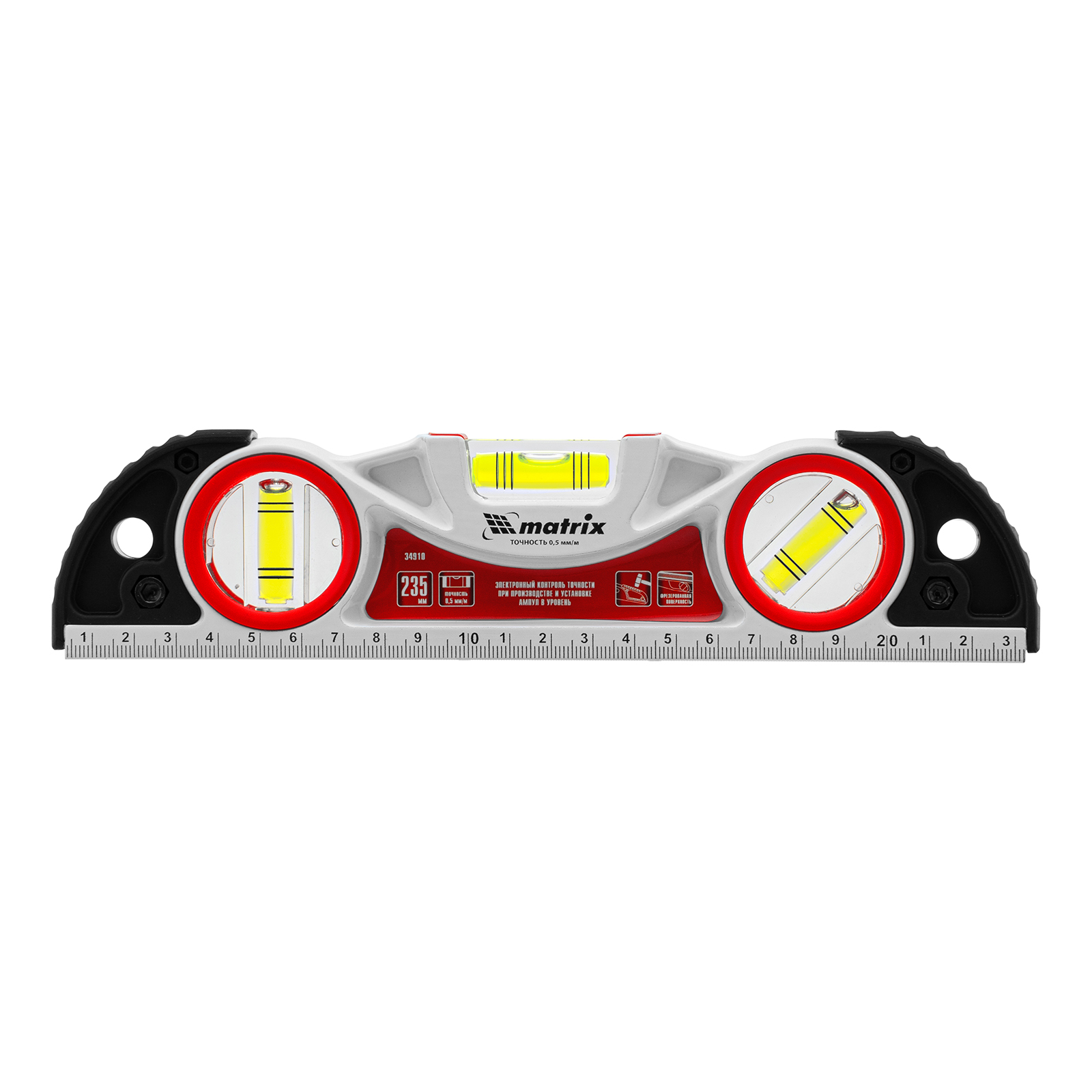 Уровень алюминиевый литой, фрезерованный, 3 глазка, две ударные площадки, 235 мм Matrix