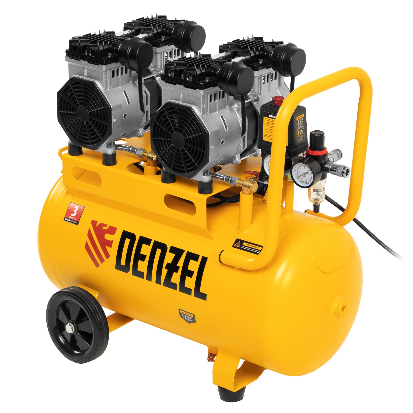 Компрессор безмасляный, малошумный DLS 2200/50, 2200 Вт, 2x1100, 50 л, 380 л/мин Denzel