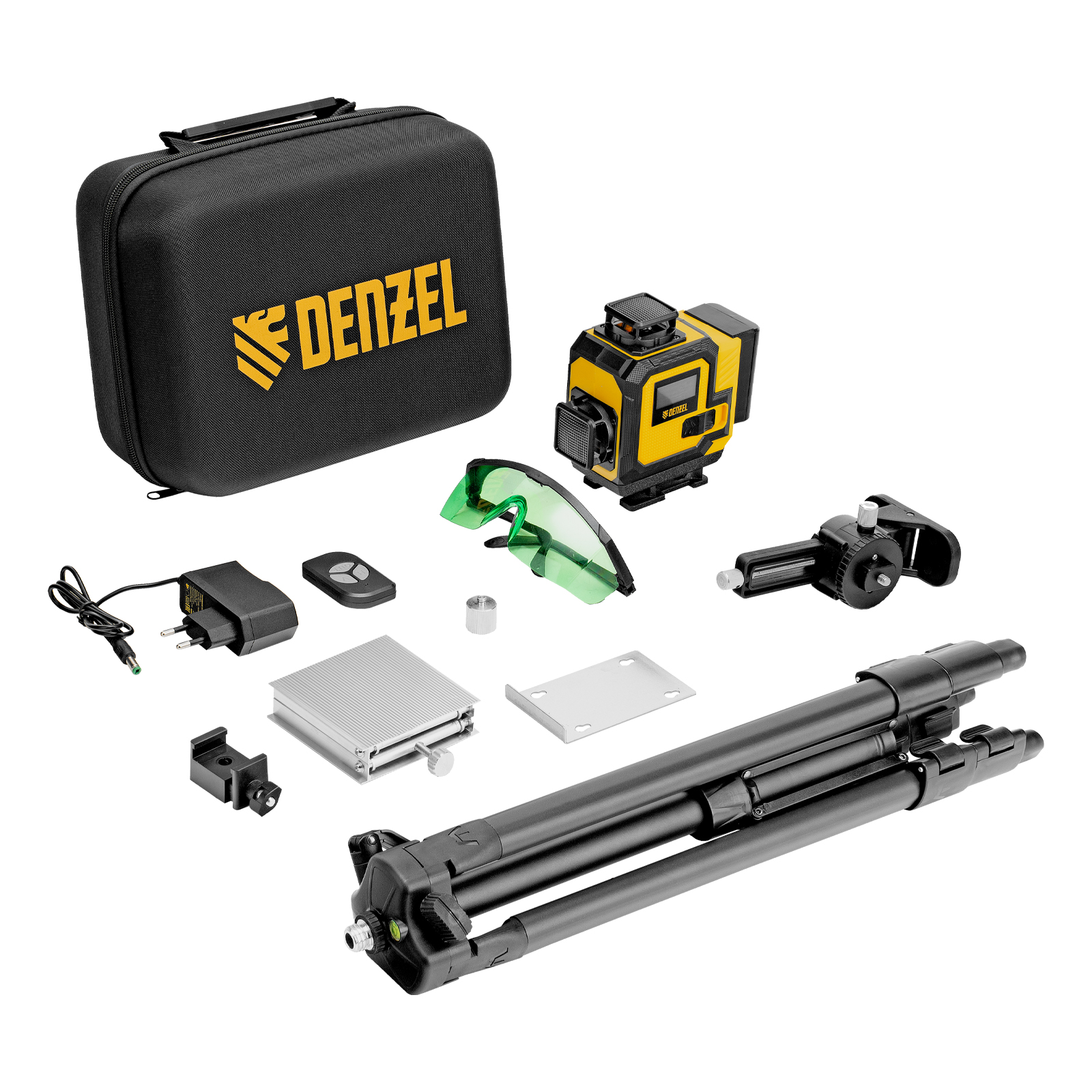 Лазерный уровень мультипризменный DLV 360-4T, 30 м, зеленый луч, Li-Ion 2,4 Aч, штатив// Denzel