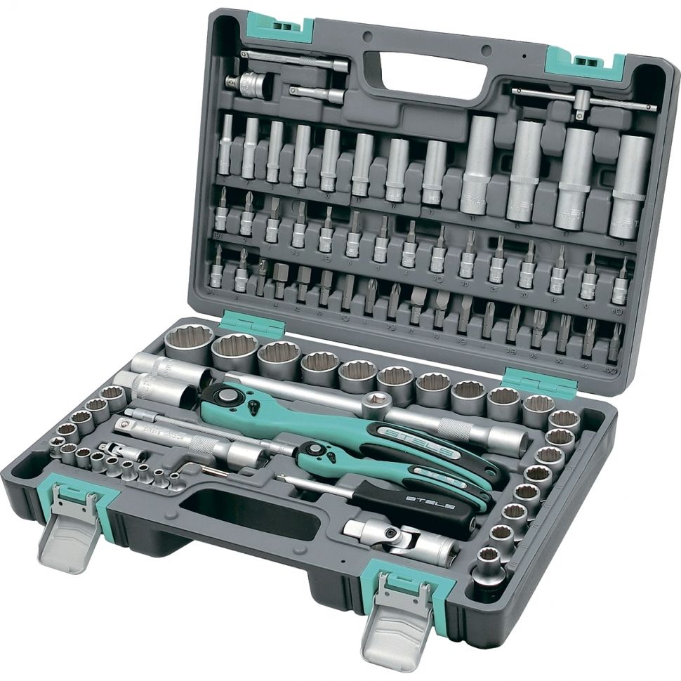 Набор инструментов 1/2", 1/4", CrV, 12 гранные головки, пластиковый кейс, 94 предмета Stels